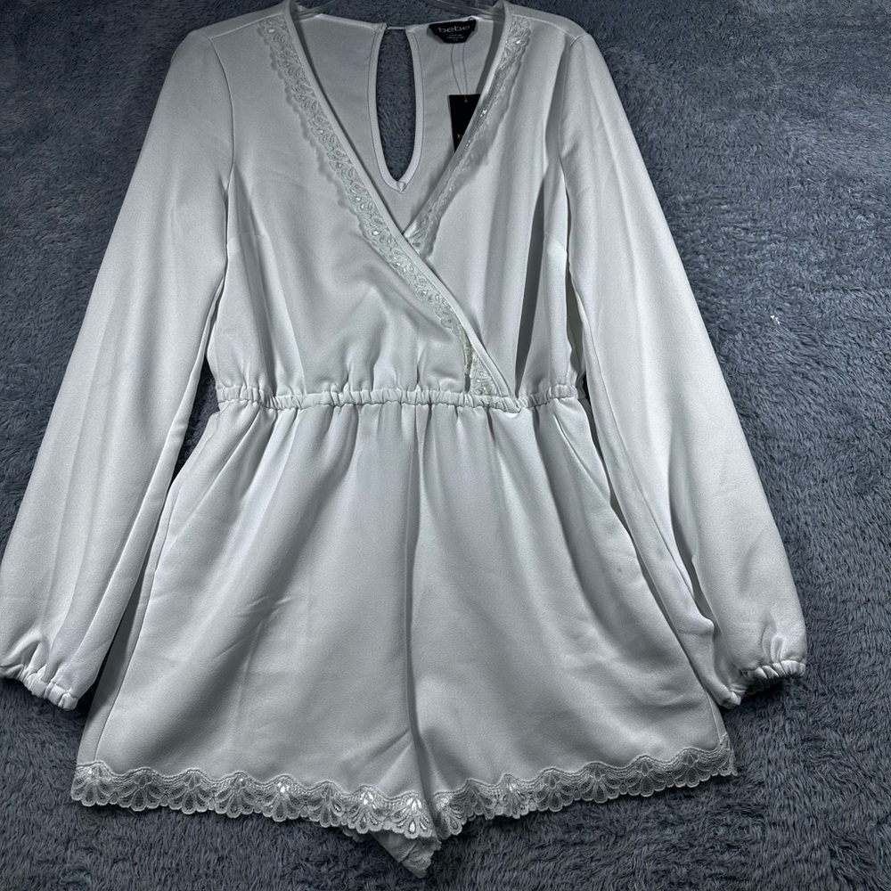 bebe‎ White Lace Trim Jumpsuit